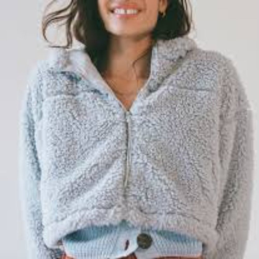 Urban Outfitters Hooded Cropped Teddy Jacket Blue M
